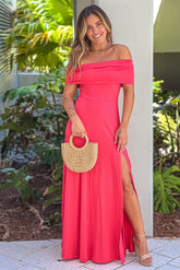Rose Off Shoulder Maxi Dress With Slit