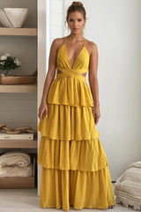 Mustard Layered Maxi Dress With Cut Outs