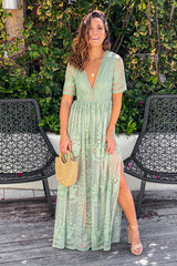Sage Lace Maxi Romper with Sleeves and Slits