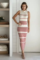 Salmon Striped Mock Neck Sweater Dress