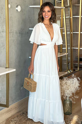 Off White V Neck Maxi Dress with Open Back