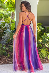 Purple Multi Color Striped V Neck Maxi Dress