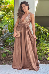 Mocha V Neck Sequin Top Maxi Dress