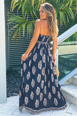 Navy Printed Strapless Maxi Dress With Cut Out