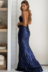 Navy Sequin Lace Up Back Mermaid Maxi Dress