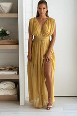 Mustard Swiss Dot V Neck Maxi Dress