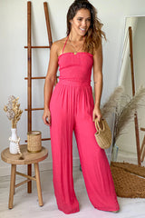 Coral Strapless Jumpsuit With Smocked Top
