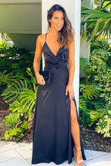 Black Satin Maxi Dress With Criss Cross Back