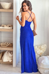 Blue Glitter Maxi Dress With Slit