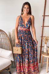 Navy Printed V Neck Maxi Dress