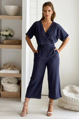 Navy Striped V Neck Jumpsuit