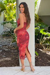 Red Lace Bust Mesh Midi Dress