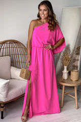 Fuchsia One Shoulder 3 4 Sleeves Maxi Dress
