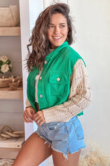 Jade Denim Jacket With Crochet Sleeves