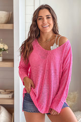 Neon Pink V Neck Knit Top With Long Sleeves