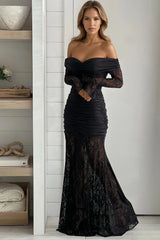 Black Lace Skirt And Sleeves Maxi Dress