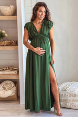 Hunter Green Maternity V Neck Maxi Dress With Details