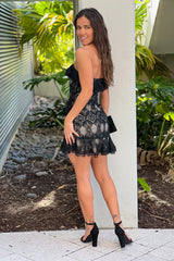 Black Lace Ruffled Strapless Dress