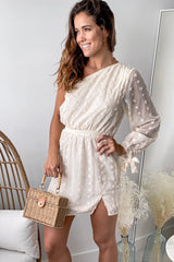 Cream One Shoulder Swiss Dot Mini Dress