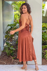 Brown Satin High Low Dress With Criss Cross Back