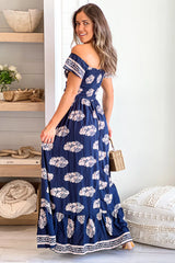 Navy Printed Maxi Dress With Smocked Top