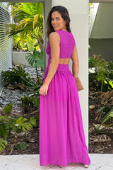 Orchid V Neck Maxi Dress With Slit And Pleated Top Detail