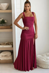 Wine Jersey Ruched Maxi Dress With Slit