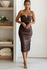 Mocha V Wire Tube Ruching Midi Dress