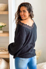Black Lace Trim V Neck Sweater