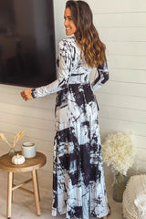 Black And White Printed V Neck Maxi Dress With Long Sleeve And Slit