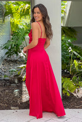 Red Satin Maxi Dress With Slit