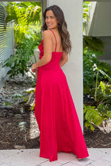Red Satin Maxi Dress With Slit