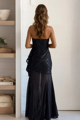 Black Sequin Strapless Sash Dress