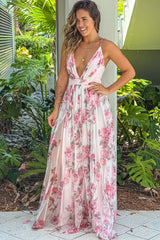 Pink Mesh Floral V Neck Maxi Dress