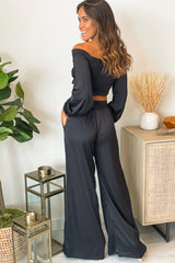 Black Satin Smocked Top and Pants Set