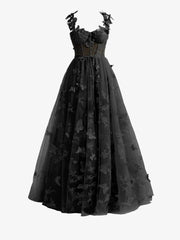 Black A line Butterfly Lace Lilac Corset Prom Dress with Slit
