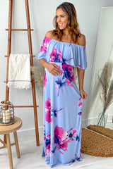 Chambray Floral Off Shoulder Maternity Maxi Dress