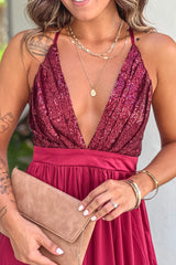 Red V Neck Sequin Top Maxi Dress