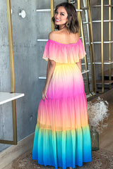 Pink And Yellow Multi Color Off Shoulder Maxi Dress