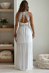 Off White Smocked Top Maxi Dress With Crochet Back
