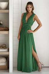 Green V Neck Maxi Dress With Slit And Pleated Top Detail