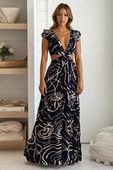 Navy Printed Lace Up Back Maxi Dress