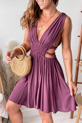Wine V Neck Short Dress With Side Cutouts