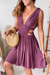 Wine V Neck Short Dress With Side Cutouts