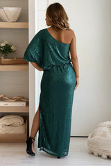 Green Sequined One Shoulder Maxi Dress