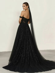 A Line Black Gothic Wedding Dresses with Sequin Lace Appliques