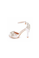 Rhinestone Flowers Decor Peep Toe Platform Stiletto Ankle strap High Heels
