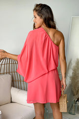 Coral One Shoulder 3 4 Sleeve Short Dress