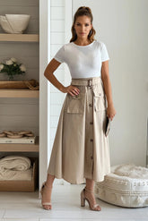 Off White And Taupe Dress With Pockets