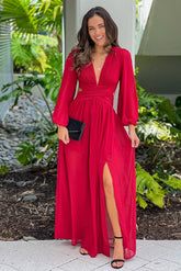 Burgundy Pleated V Neck Maxi Dress